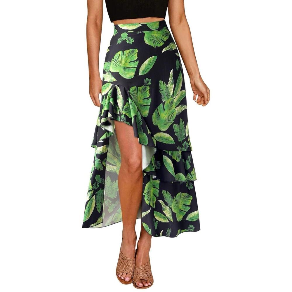 Ezcosplay Women High Waisted Hawaiian Tropical Floral Maxi Skirt Ruffle - Picture 7 of 13